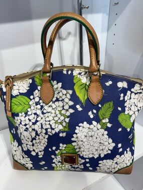 Dooney & Bourke Navy Floral Satchel with Tan Trim